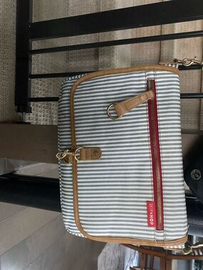 Skip Hop Gray and White Stripe Diaper Bag with Tan Trim and Red Zip